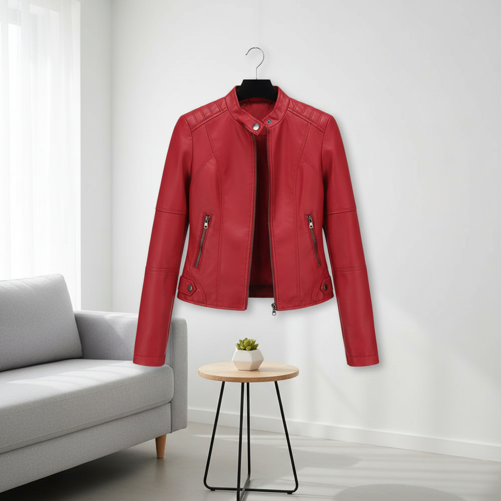 Women's Zip-up Leather Jackets Fashion Solid Color Pockets Stand Collar Top Outwear Clothing