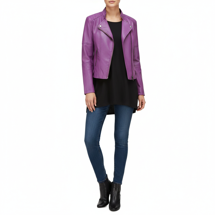 Women's Zip-up Leather Jackets Fashion Solid Color Pockets Stand Collar Top Outwear Clothing