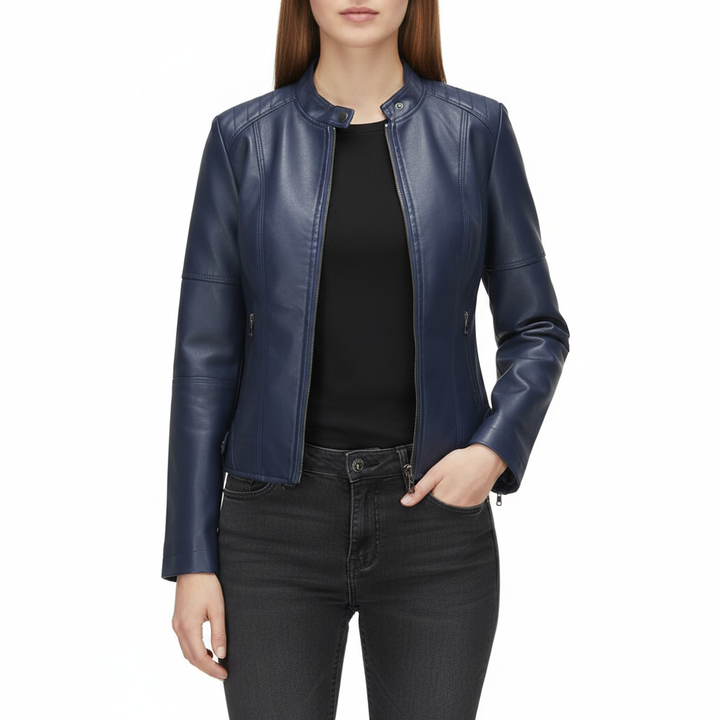 Women's Zip-up Leather Jackets Fashion Solid Color Pockets Stand Collar Top Outwear Clothing