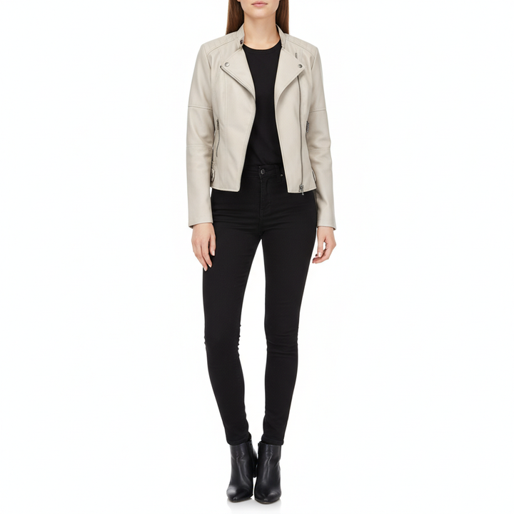 Women's Zip-up Leather Jackets Fashion Solid Color Pockets Stand Collar Top Outwear Clothing