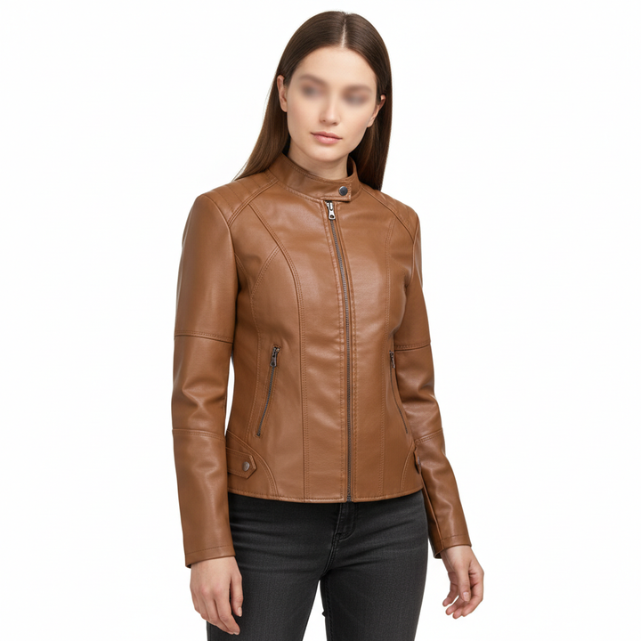 Women's Zip-up Leather Jackets Fashion Solid Color Pockets Stand Collar Top Outwear Clothing