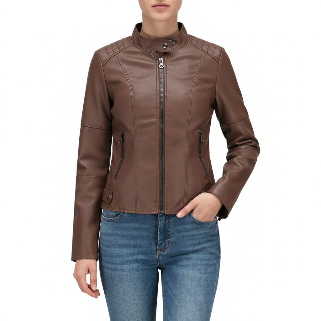 Women's Zip-up Leather Jackets Fashion Solid Color Pockets Stand Collar Top Outwear Clothing