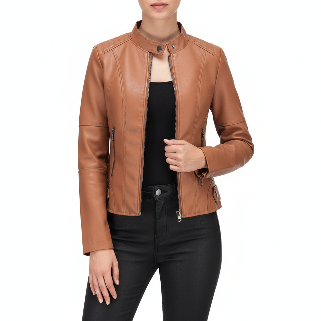 Women's Zip-up Leather Jackets Fashion Solid Color Pockets Stand Collar Top Outwear Clothing