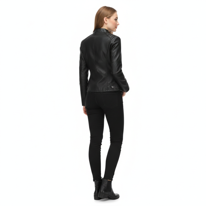 Women's Zip-up Leather Jackets Fashion Solid Color Pockets Stand Collar Top Outwear Clothing