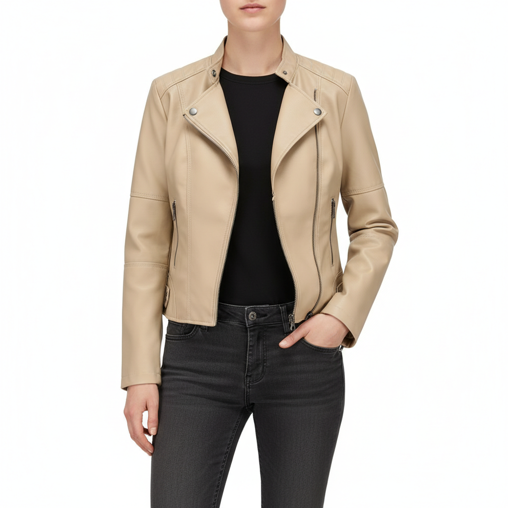 Women's Zip-up Leather Jackets Fashion Solid Color Pockets Stand Collar Top Outwear Clothing