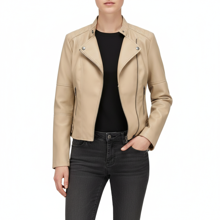 Women's Zip-up Leather Jackets Fashion Solid Color Pockets Stand Collar Top Outwear Clothing