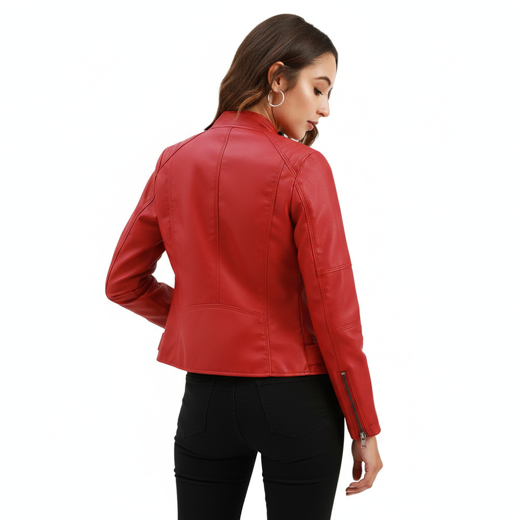 Women's Zip-up Leather Jackets Fashion Solid Color Pockets Stand Collar Top Outwear Clothing