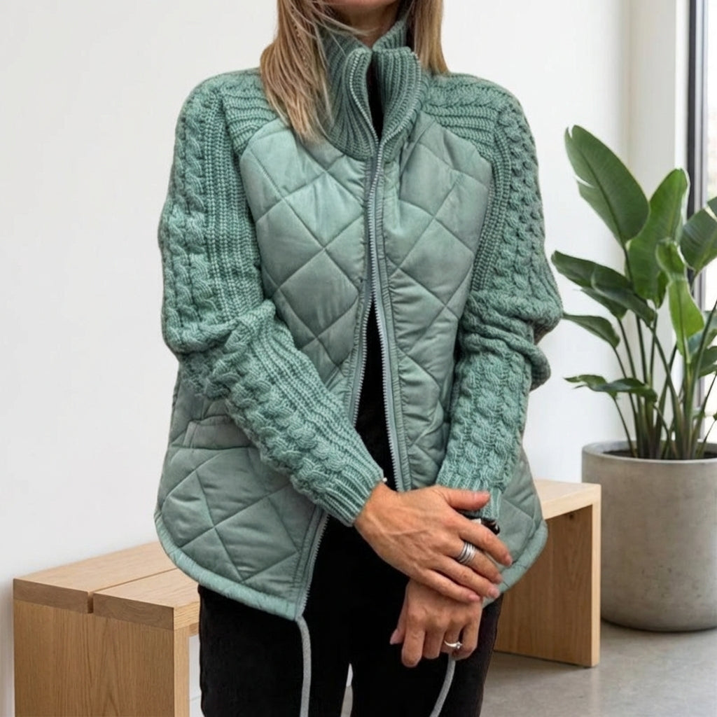 Winter Stand Collar Cotton Jacket With Pockets Fashion Knitted Stitching Zipper Coat Warm Tops For Women Clothing