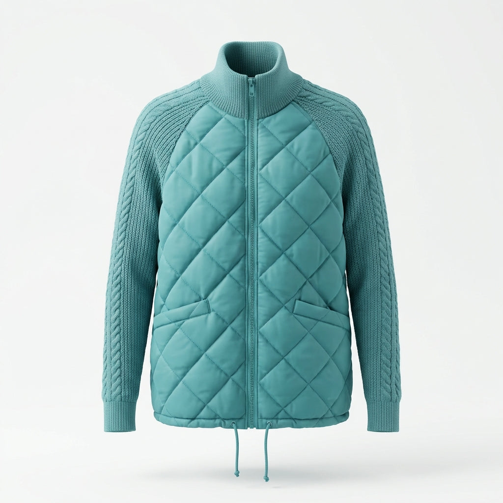 Winter Stand Collar Cotton Jacket With Pockets Fashion Knitted Stitching Zipper Coat Warm Tops For Women Clothing