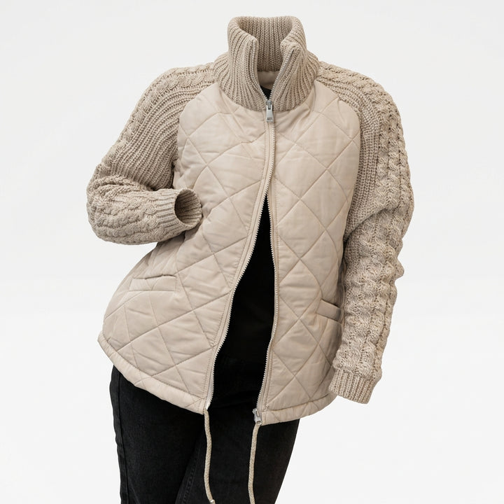 Winter Stand Collar Cotton Jacket With Pockets Fashion Knitted Stitching Zipper Coat Warm Tops For Women Clothing