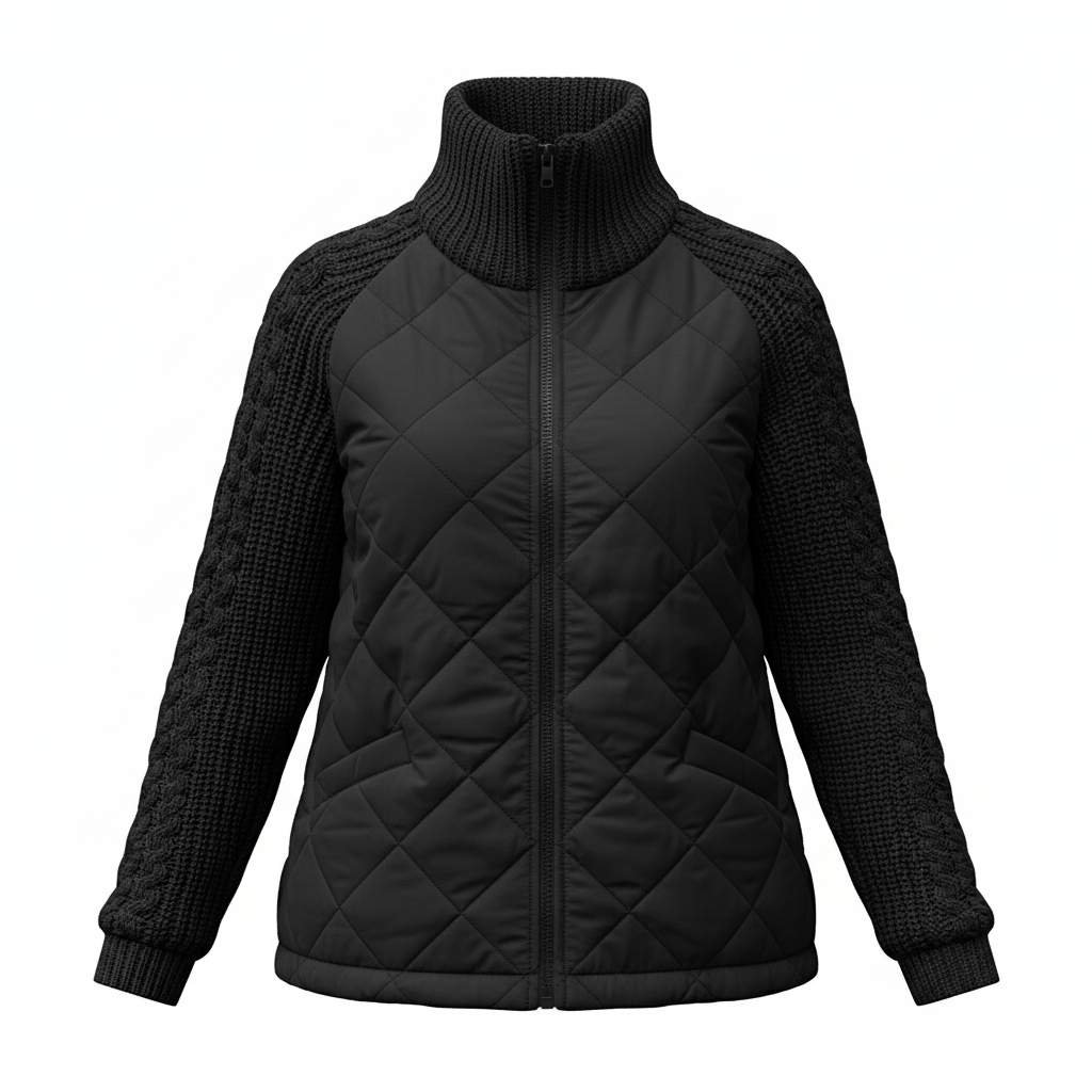 Winter Stand Collar Cotton Jacket With Pockets Fashion Knitted Stitching Zipper Coat Warm Tops For Women Clothing