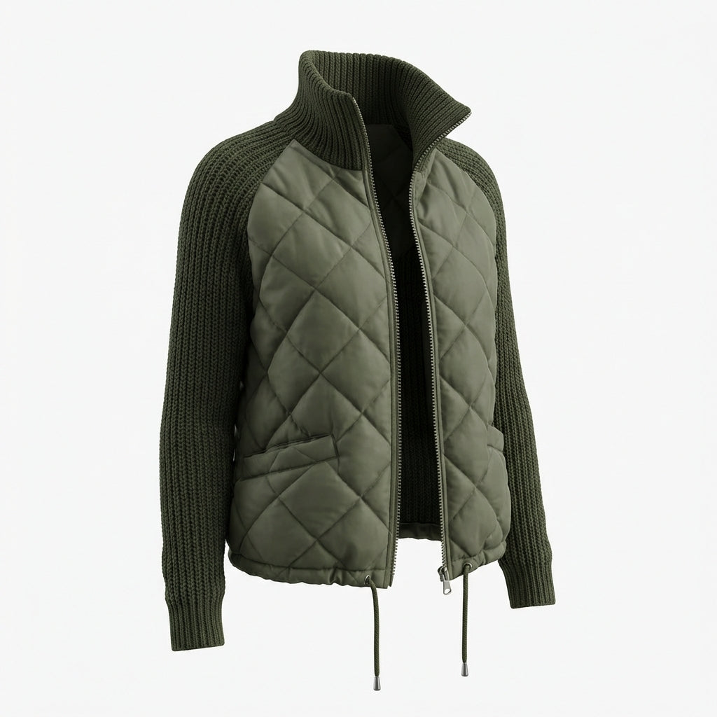 Winter Stand Collar Cotton Jacket With Pockets Fashion Knitted Stitching Zipper Coat Warm Tops For Women Clothing