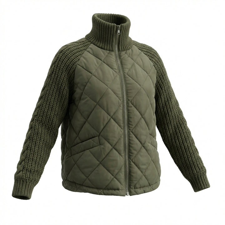 Winter Stand Collar Cotton Jacket With Pockets Fashion Knitted Stitching Zipper Coat Warm Tops For Women Clothing