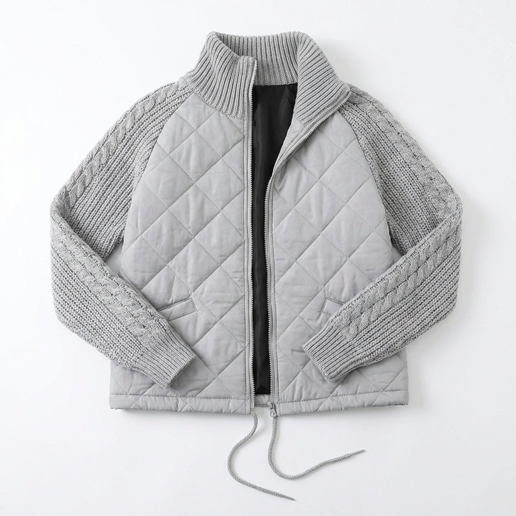 Winter Stand Collar Cotton Jacket With Pockets Fashion Knitted Stitching Zipper Coat Warm Tops For Women Clothing
