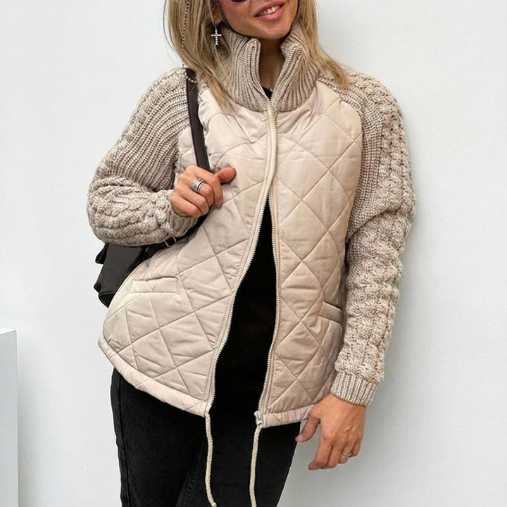 Winter Stand Collar Cotton Jacket With Pockets Fashion Knitted Stitching Zipper Coat Warm Tops For Women Clothing