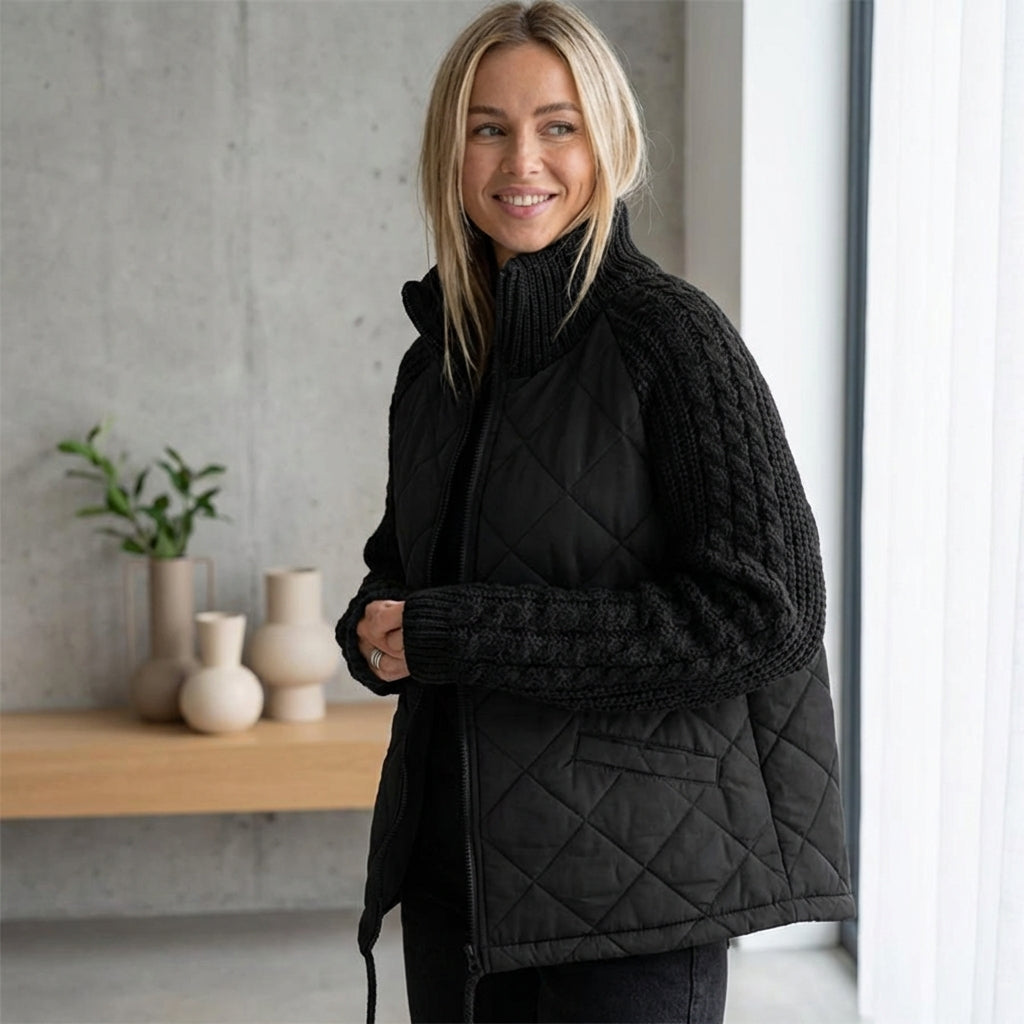 Winter Stand Collar Cotton Jacket With Pockets Fashion Knitted Stitching Zipper Coat Warm Tops For Women Clothing