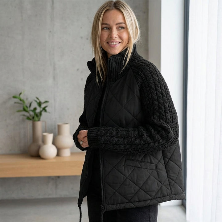 Winter Stand Collar Cotton Jacket With Pockets Fashion Knitted Stitching Zipper Coat Warm Tops For Women Clothing