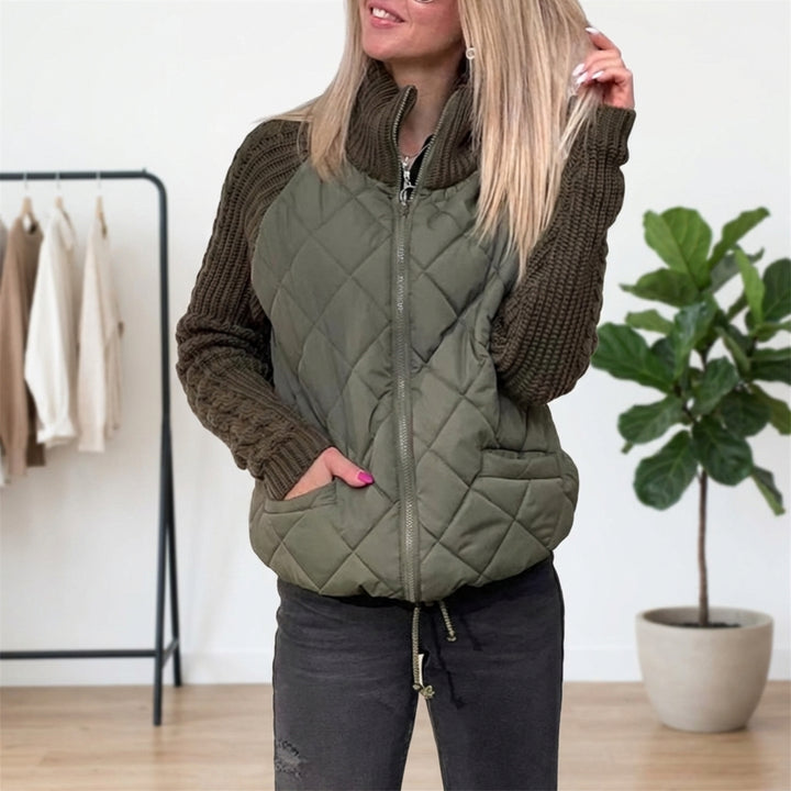 Winter Stand Collar Cotton Jacket With Pockets Fashion Knitted Stitching Zipper Coat Warm Tops For Women Clothing