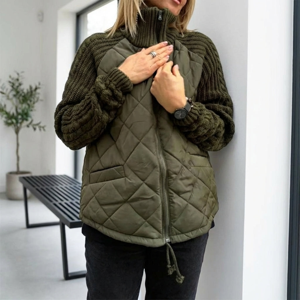 Winter Stand Collar Cotton Jacket With Pockets Fashion Knitted Stitching Zipper Coat Warm Tops For Women Clothing