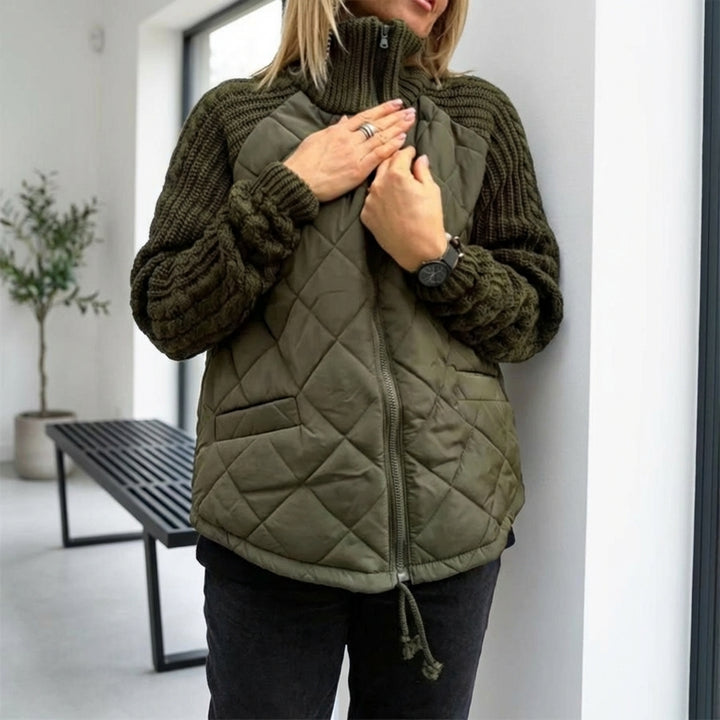 Winter Stand Collar Cotton Jacket With Pockets Fashion Knitted Stitching Zipper Coat Warm Tops For Women Clothing