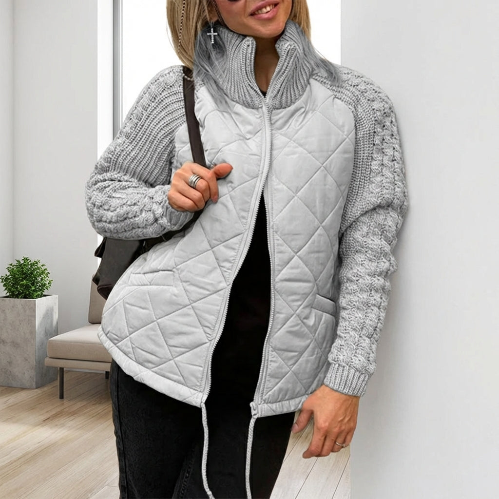 Winter Stand Collar Cotton Jacket With Pockets Fashion Knitted Stitching Zipper Coat Warm Tops For Women Clothing