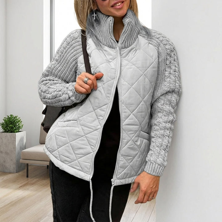 Winter Stand Collar Cotton Jacket With Pockets Fashion Knitted Stitching Zipper Coat Warm Tops For Women Clothing