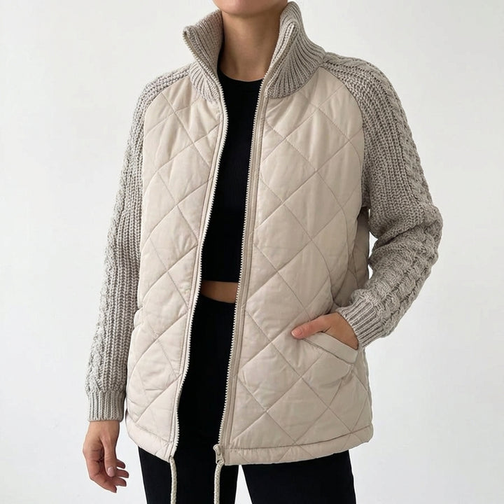 Winter Stand Collar Cotton Jacket With Pockets Fashion Knitted Stitching Zipper Coat Warm Tops For Women Clothing