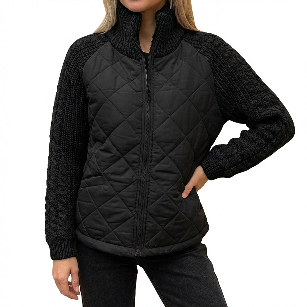 Winter Stand Collar Cotton Jacket With Pockets Fashion Knitted Stitching Zipper Coat Warm Tops For Women Clothing