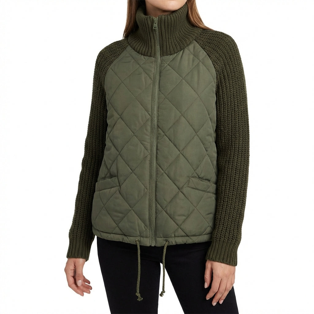Winter Stand Collar Cotton Jacket With Pockets Fashion Knitted Stitching Zipper Coat Warm Tops For Women Clothing