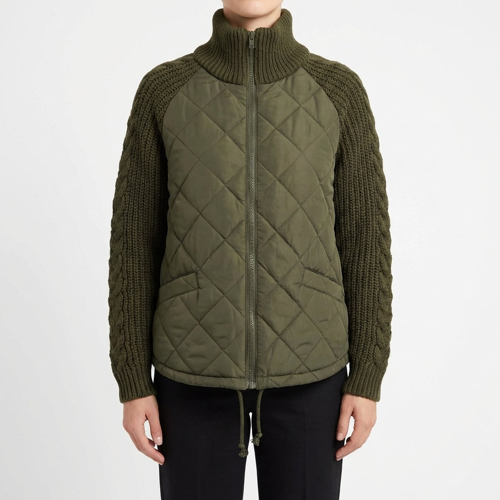 Winter Stand Collar Cotton Jacket With Pockets Fashion Knitted Stitching Zipper Coat Warm Tops For Women Clothing