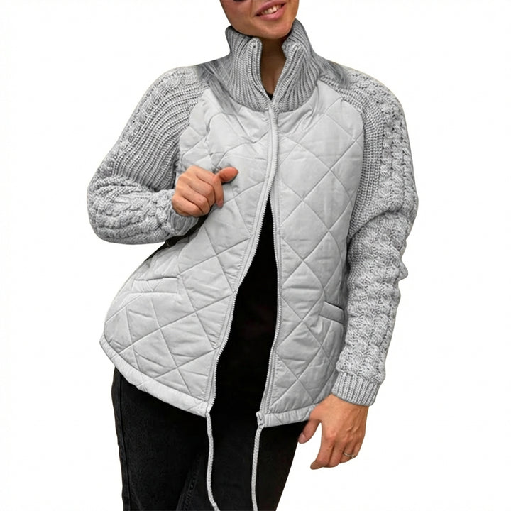 Winter Stand Collar Cotton Jacket With Pockets Fashion Knitted Stitching Zipper Coat Warm Tops For Women Clothing