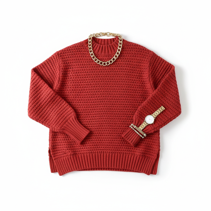Women's Solid Side Slit Knit Sweater – Half High Collar Pullover