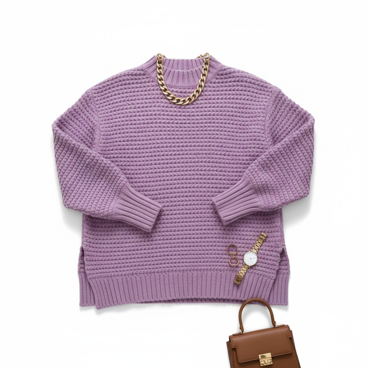 Women's Solid Side Slit Knit Sweater – Half High Collar Pullover