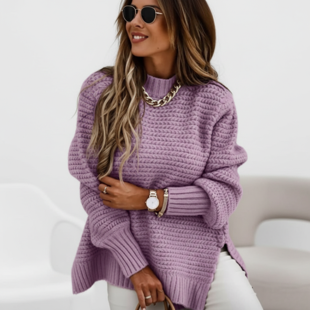 Women's Solid Side Slit Knit Sweater – Half High Collar Pullover