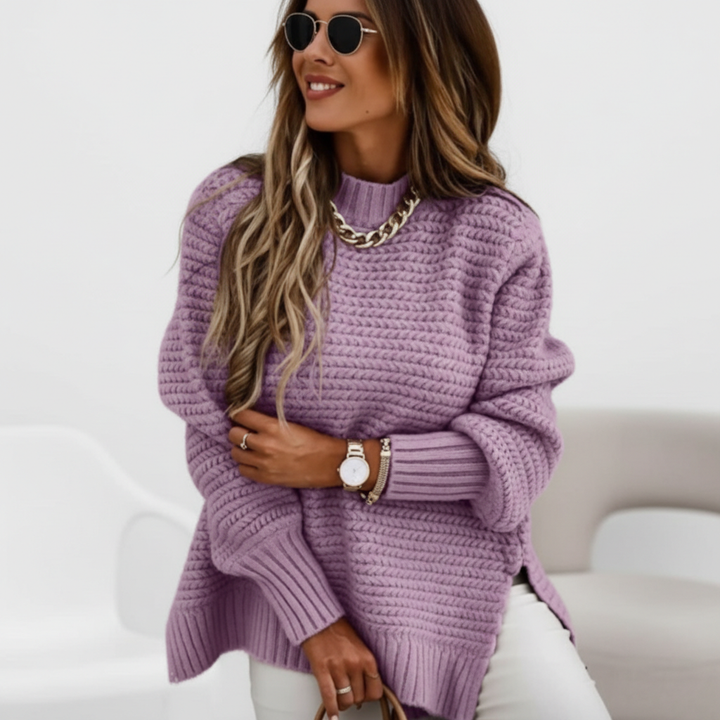 Women's Solid Side Slit Knit Sweater – Half High Collar Pullover