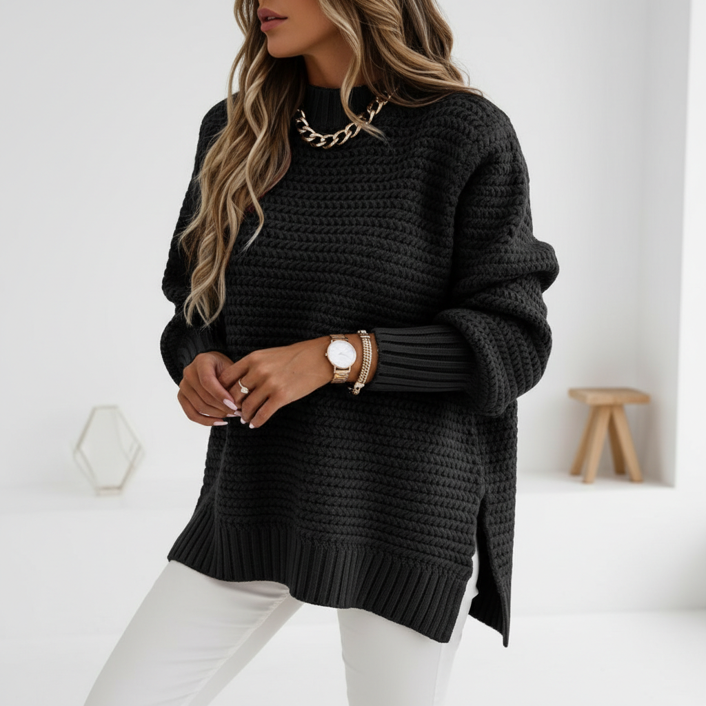 Women's Solid Side Slit Knit Sweater – Half High Collar Pullover