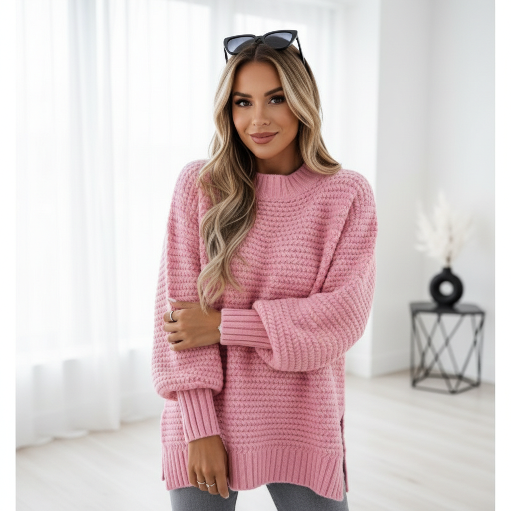 Women's Solid Side Slit Knit Sweater – Half High Collar Pullover