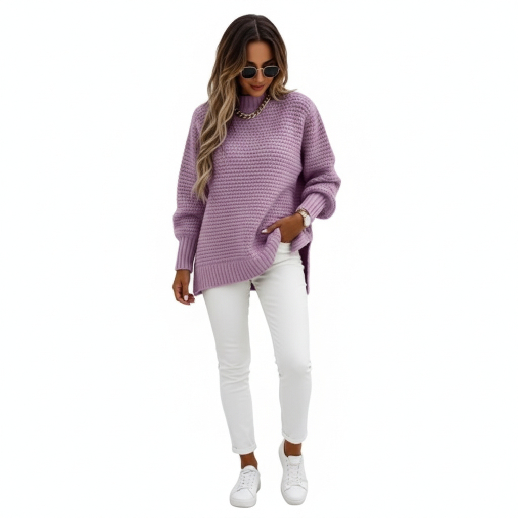Women's Solid Side Slit Knit Sweater – Half High Collar Pullover