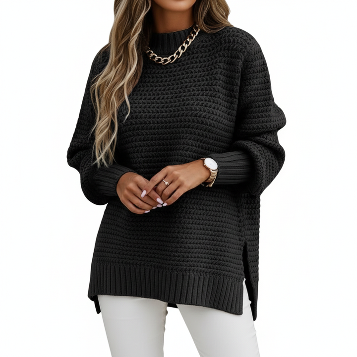 Women's Solid Side Slit Knit Sweater – Half High Collar Pullover