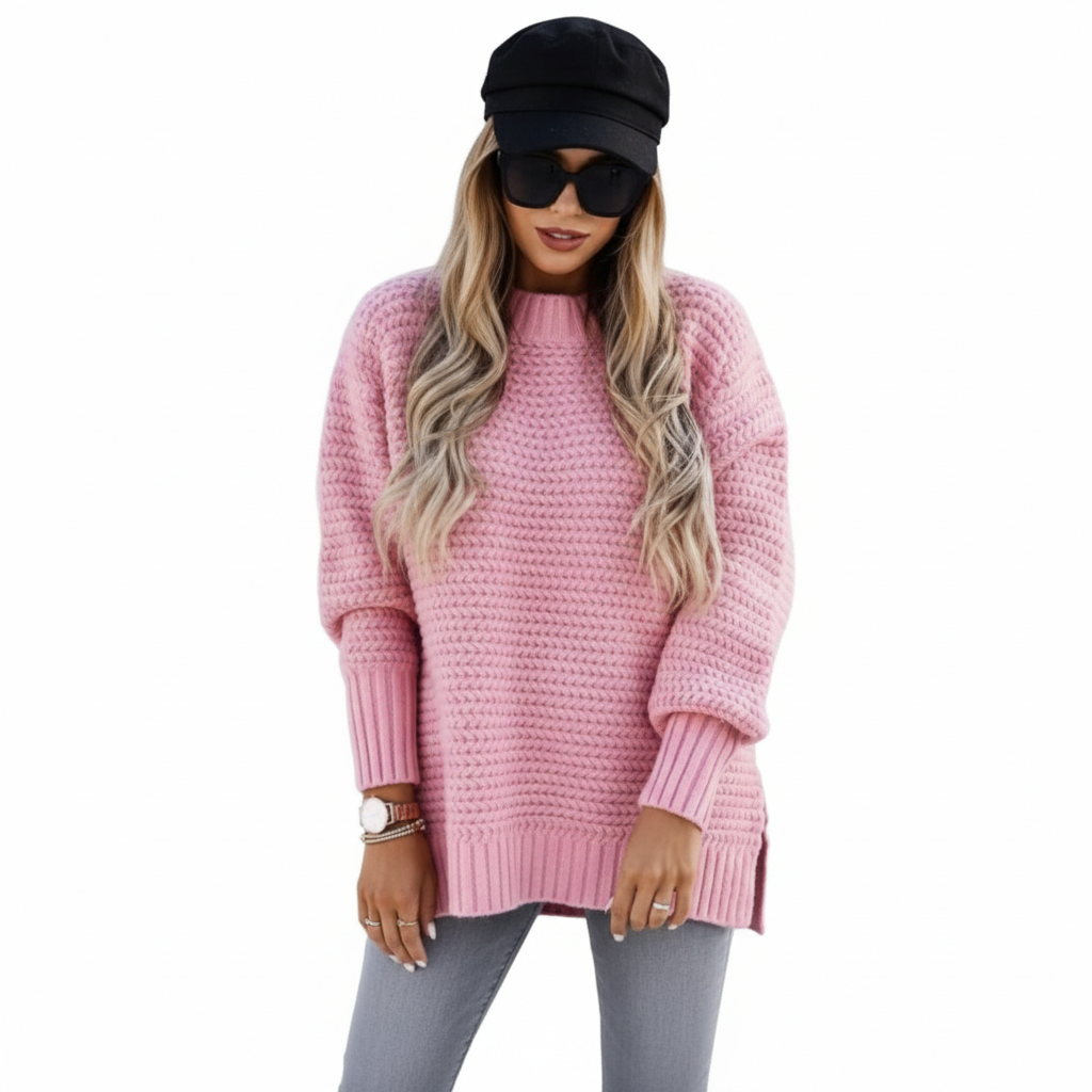 Women's Solid Side Slit Knit Sweater – Half High Collar Pullover