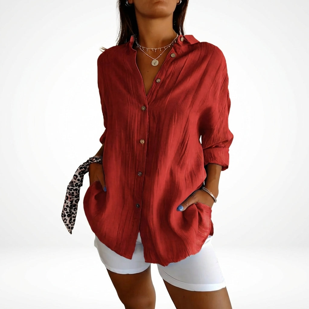 Lapel Long Sleeve Shirt Women's Single-breasted Pleated Shirt Tops Clothing