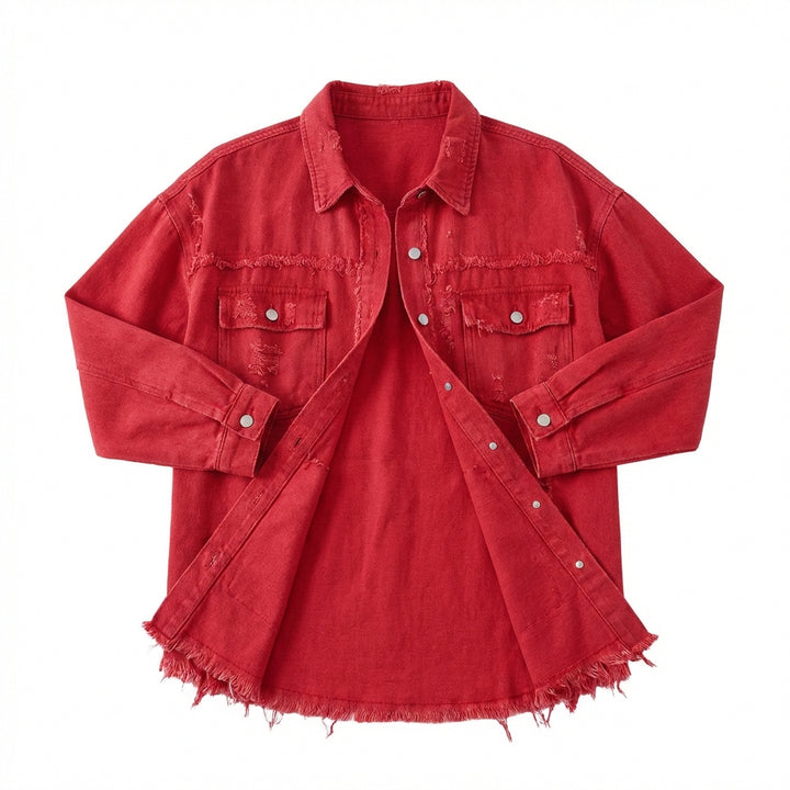 Women's Oversized Ripped Shacket – Casual Distressed Shirt Jacket for Fall & Spring