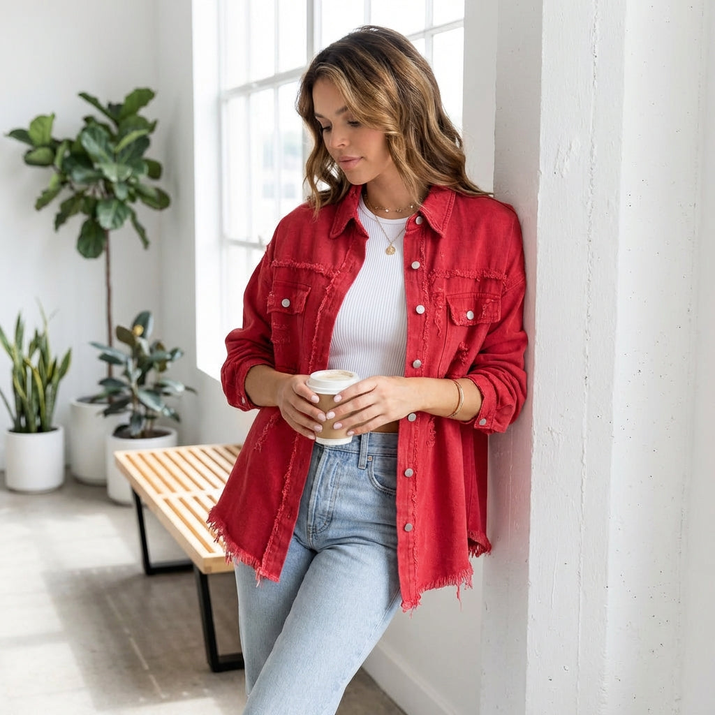 Women's Oversized Ripped Shacket – Casual Distressed Shirt Jacket for Fall & Spring