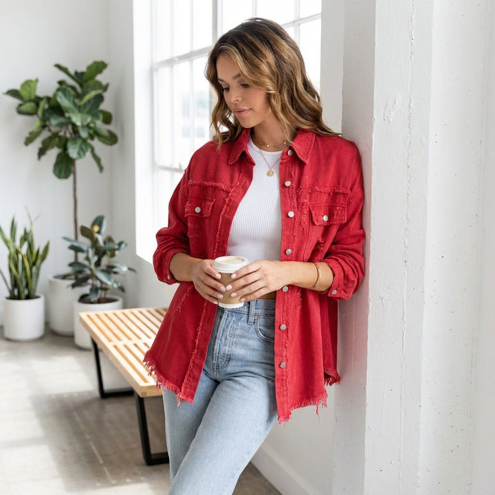 Women's Oversized Ripped Shacket – Casual Distressed Shirt Jacket for Fall & Spring