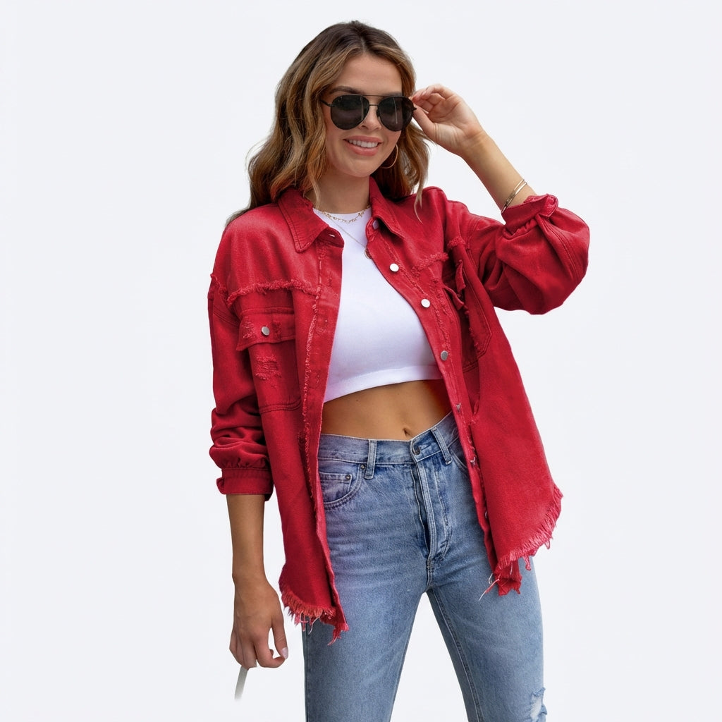 Women's Oversized Ripped Shacket – Casual Distressed Shirt Jacket for Fall & Spring