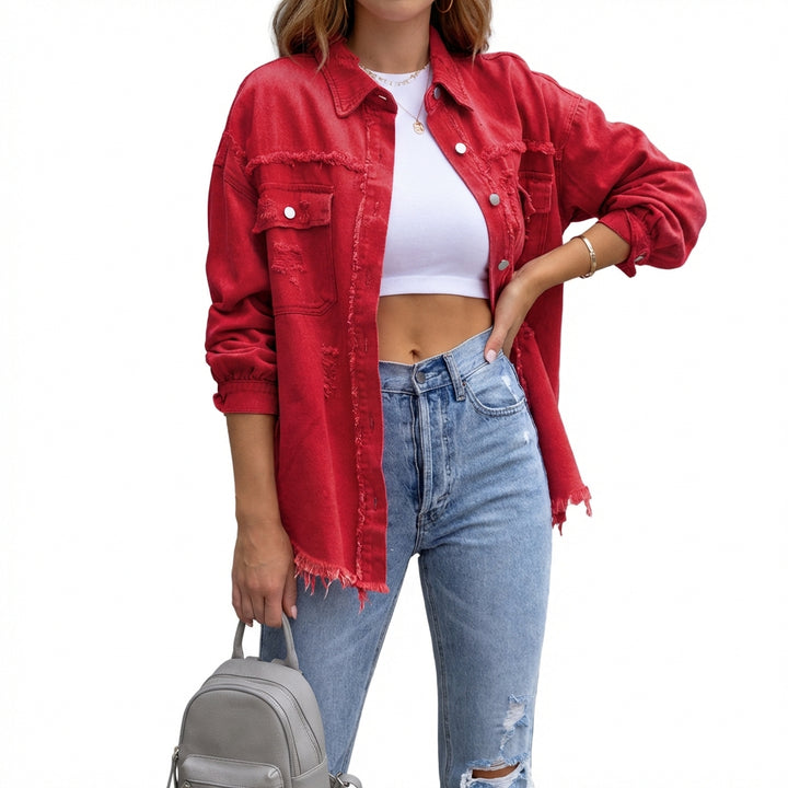 Women's Oversized Ripped Shacket – Casual Distressed Shirt Jacket for Fall & Spring