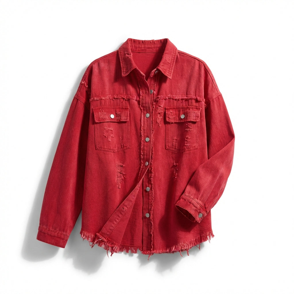 Women's Oversized Ripped Shacket – Casual Distressed Shirt Jacket for Fall & Spring