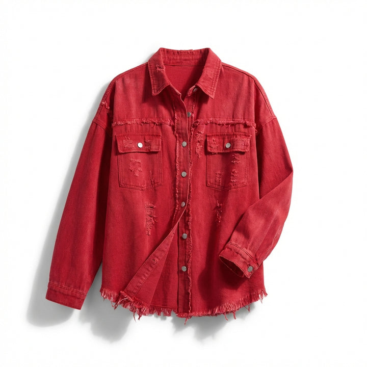 Women's Oversized Ripped Shacket – Casual Distressed Shirt Jacket for Fall & Spring