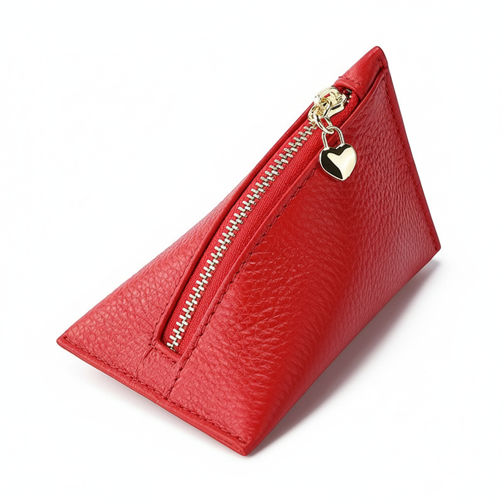 Genuine Leather Triangle Coin Purse – Compact Zipper Key Pouch