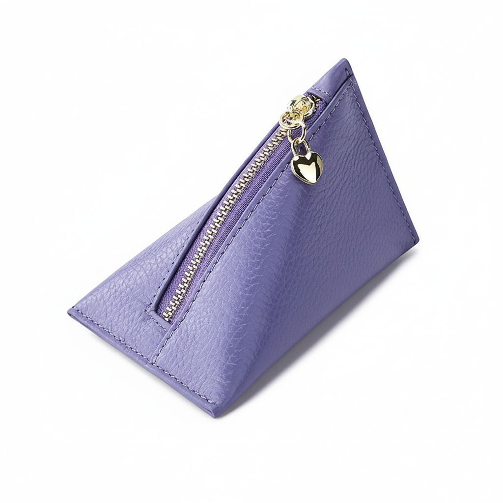 Genuine Leather Triangle Coin Purse – Compact Zipper Key Pouch